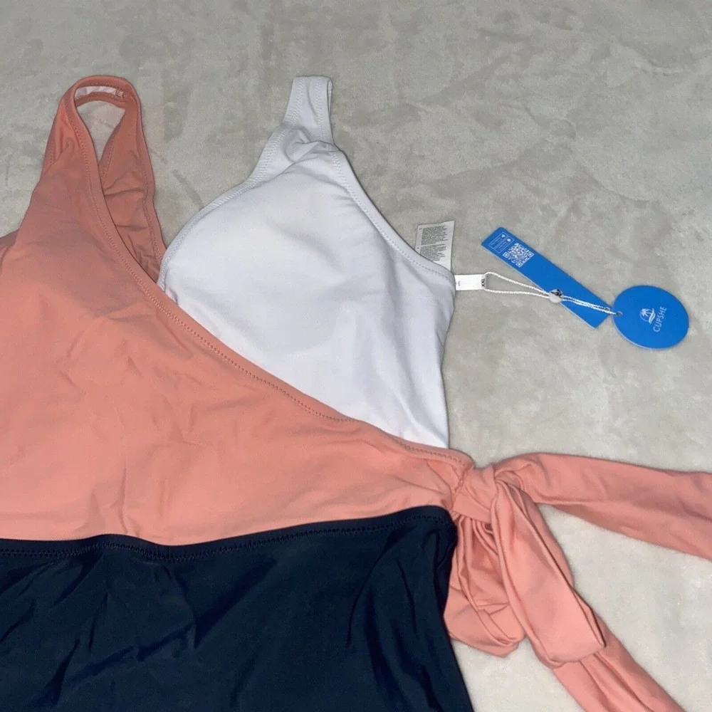 ❤️XXL❤️ CUPSHE Women's One Piece Swimsuit Wrap Color Block Tie Side Bathing Suit